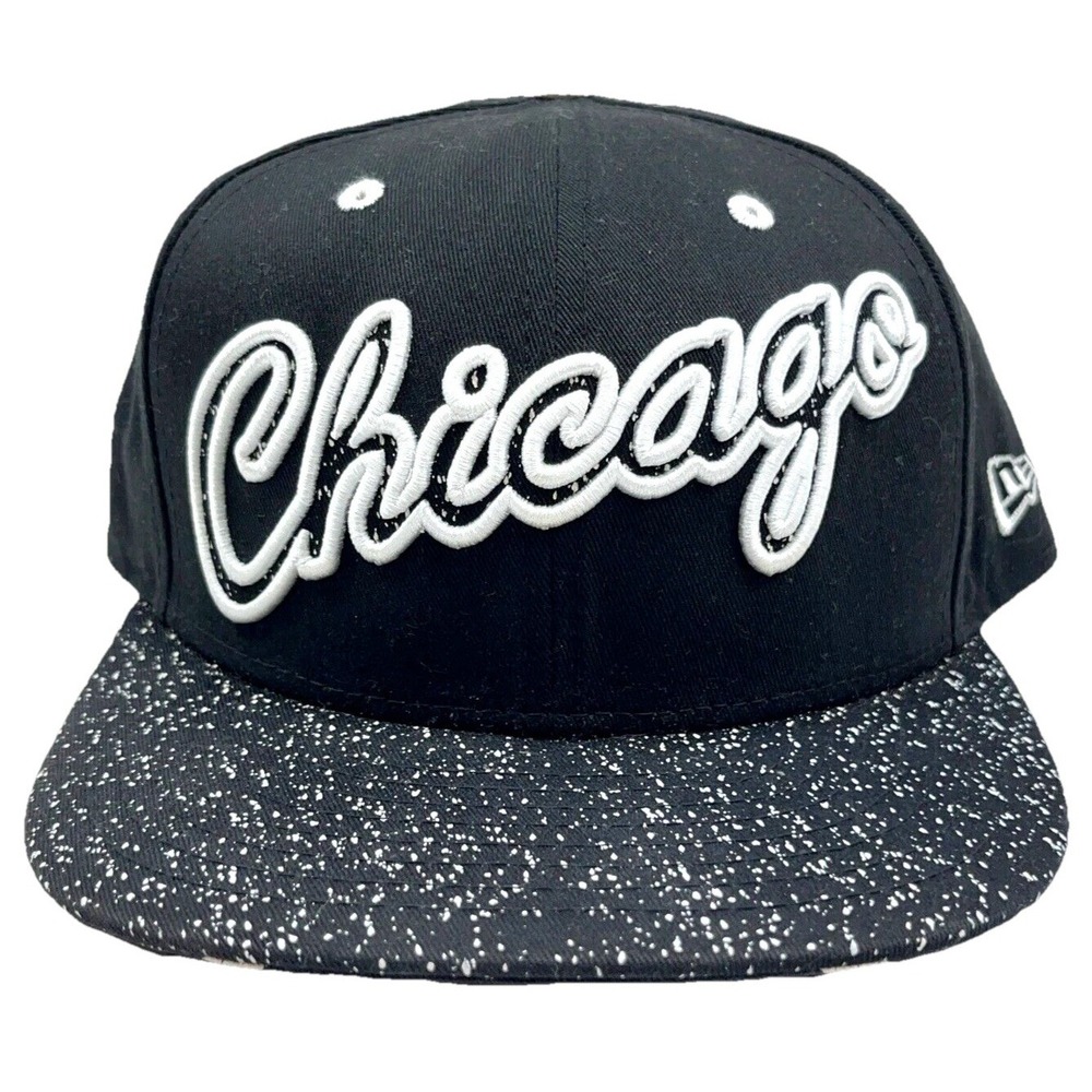Chicago Bulls Hat Cap Snapback Black White Script Flat Bill Spotted 9Fifty NBA